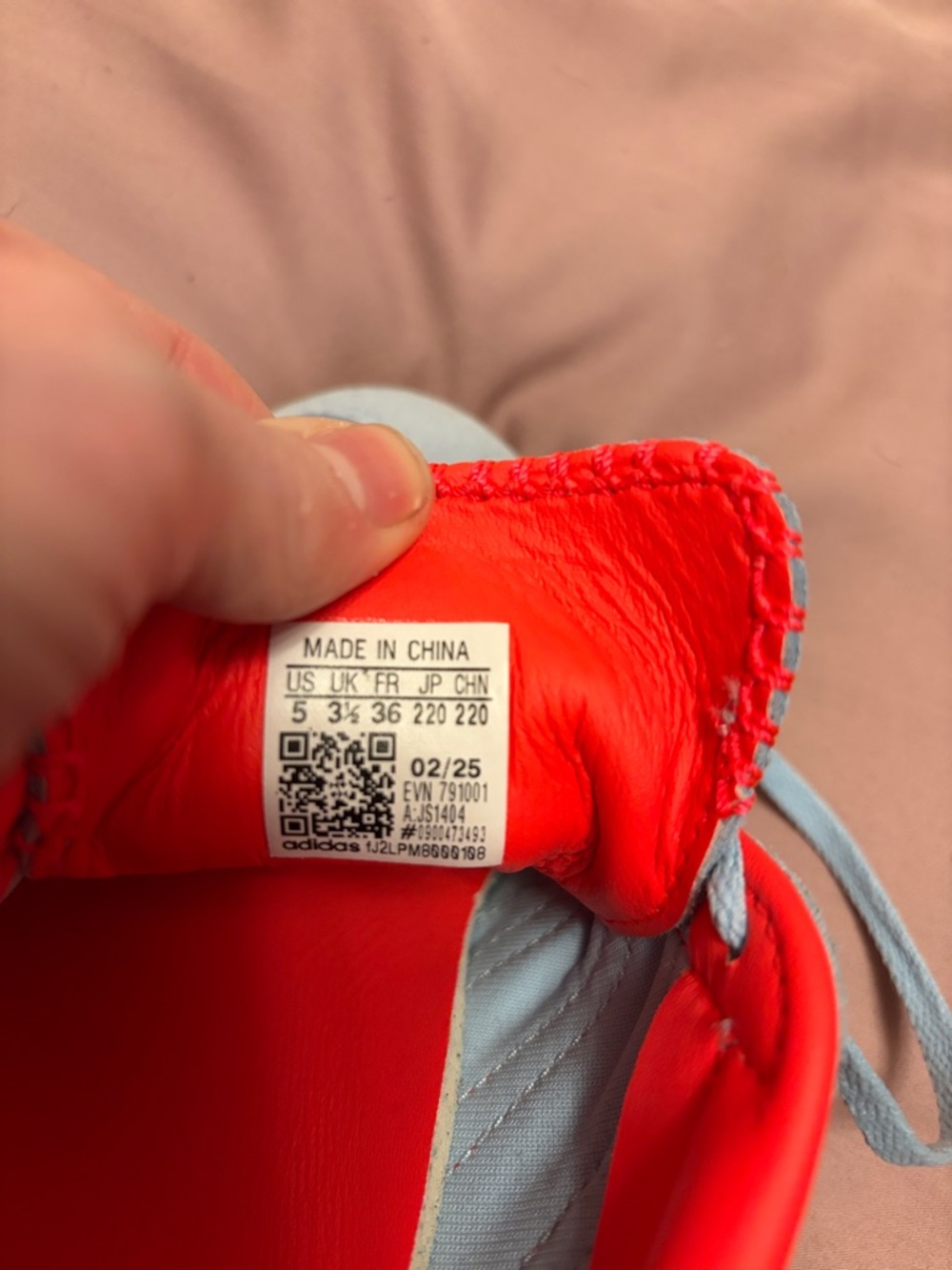 Light Blue Suede Adidas Sneakers with Bright Coral Stripes - Picture 4 of 4